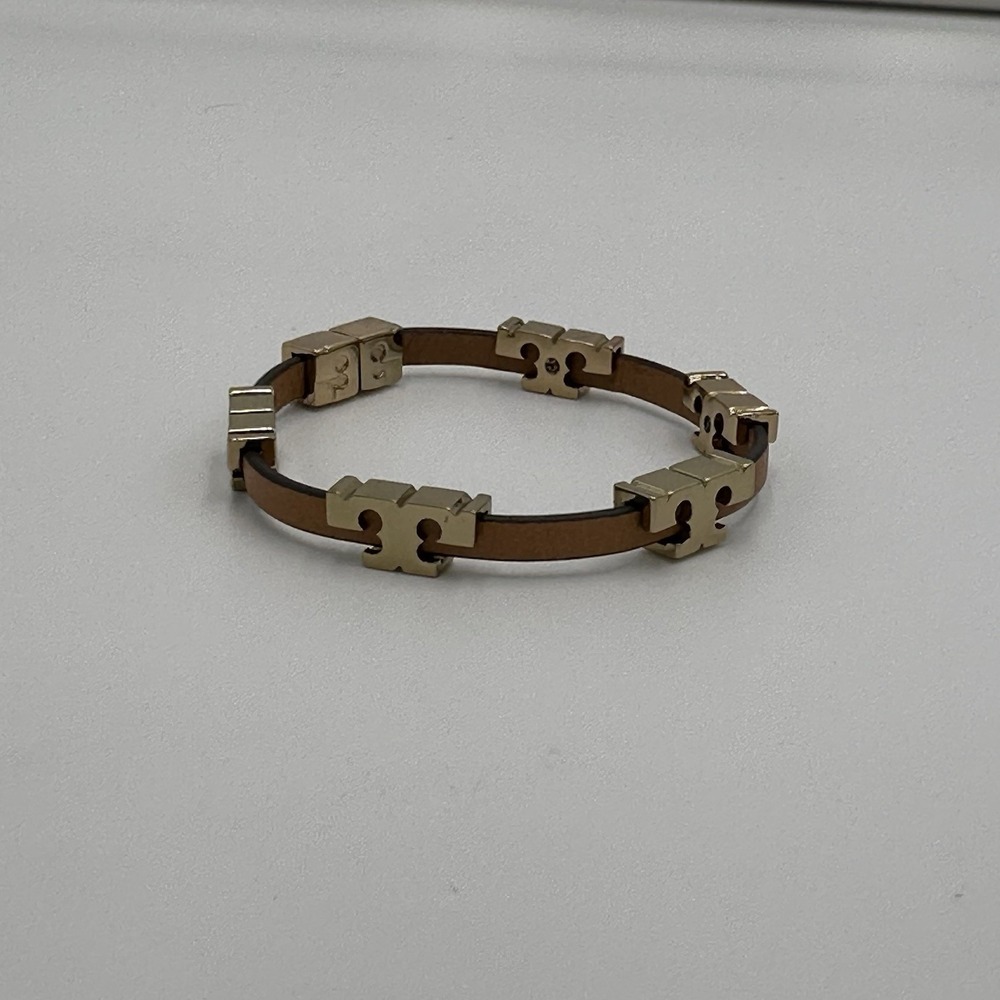 Tory Burch Women Serif T Stackable Leather Bracelet Single Wrap‎ Gold Brown 7"